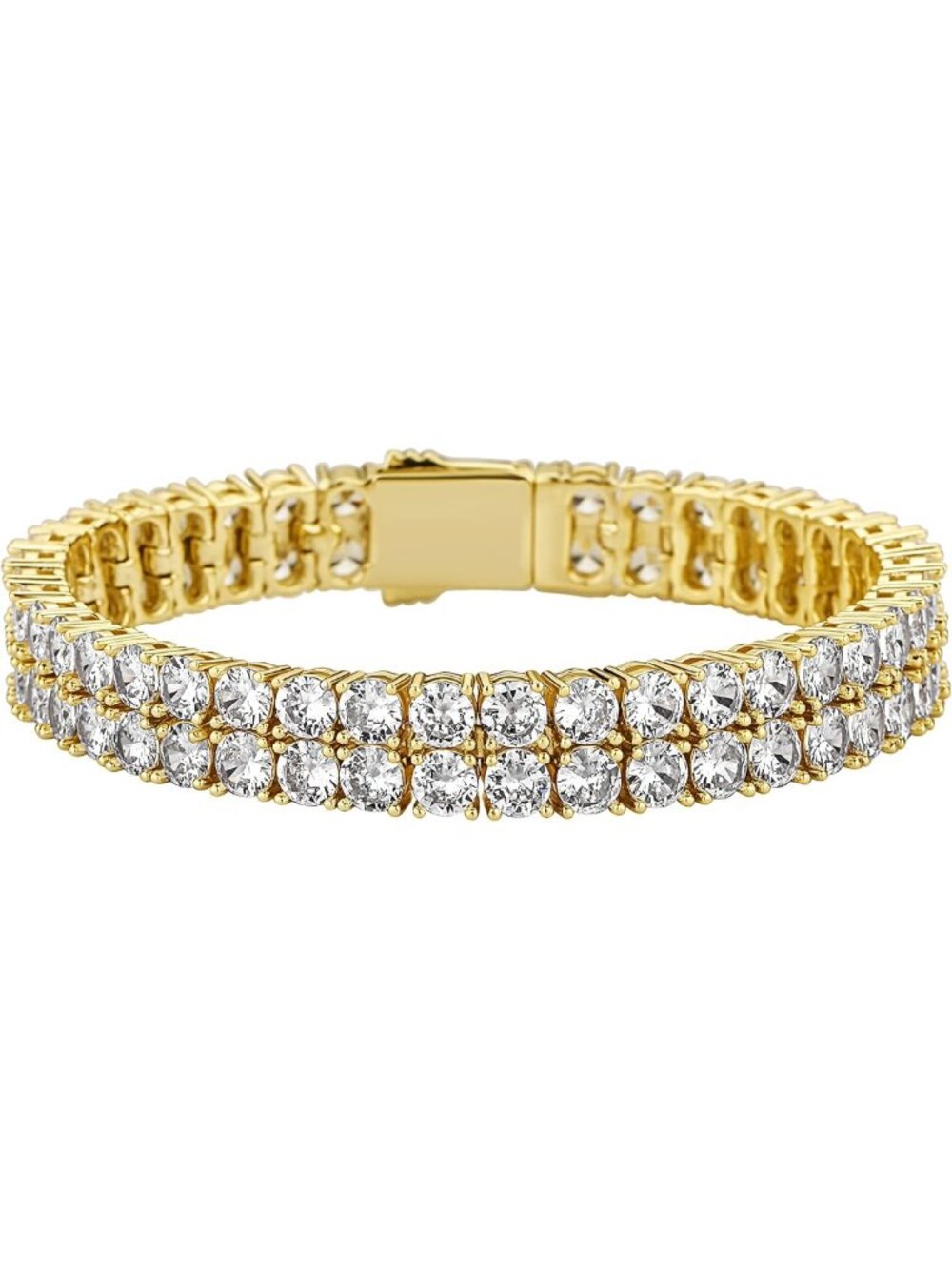 Unisex 2-Row Tennis Bracelet, 14K Gold Plated, Iced-Out CZ Chain, Hip-Hop Style